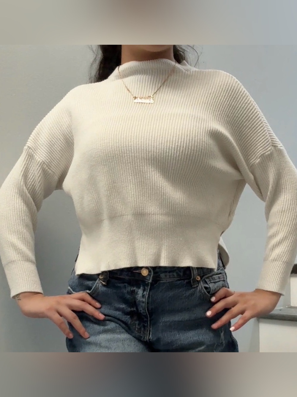 Women's Cream Ribbed Mock Neck Sweater - Picture 2 of 5
